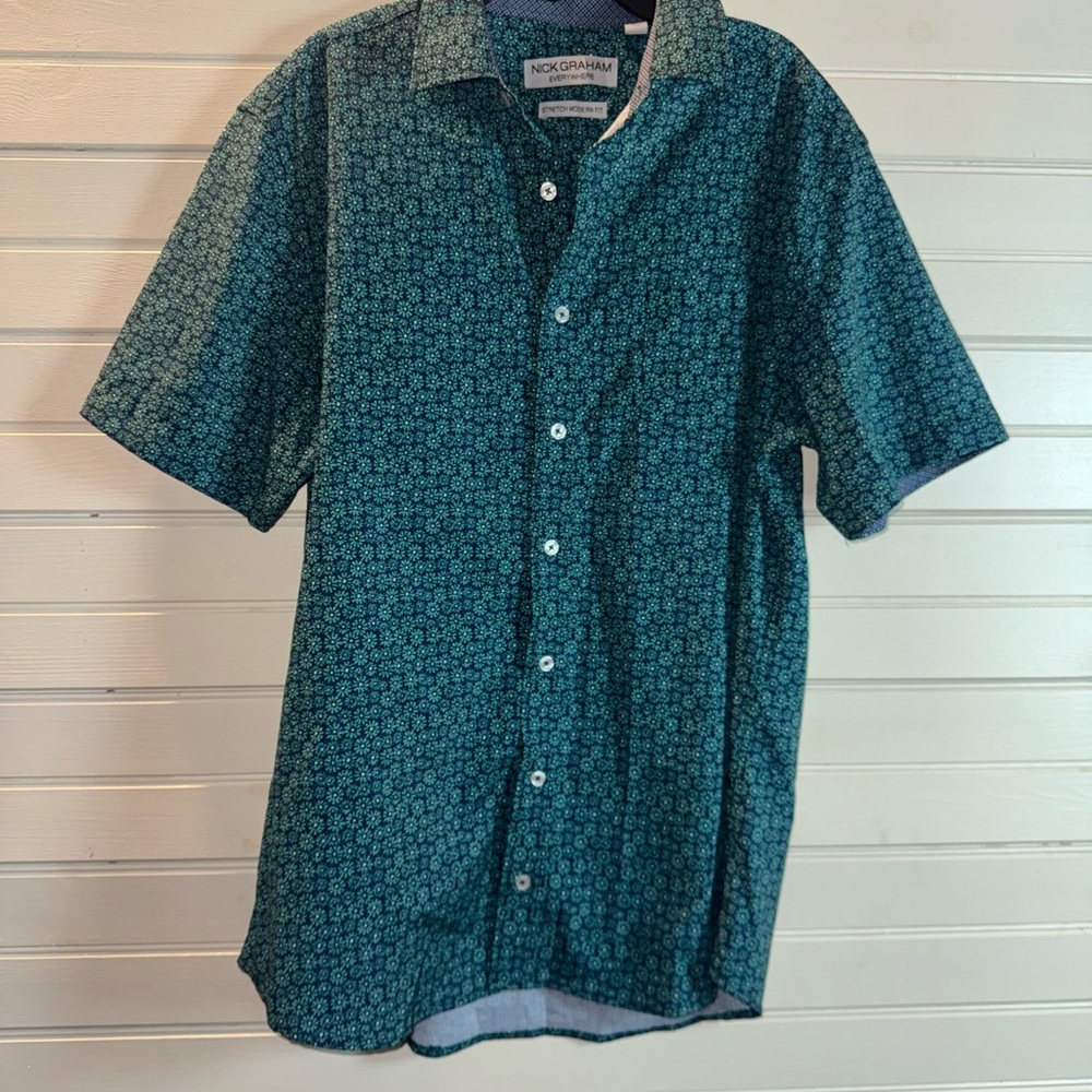 Nick Graham Teal Patterned Casual Button Down Shirt